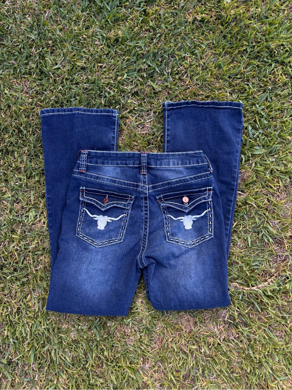 Y2K Vintage Jeans | Dark Blue Embroidered Back-Pocket Jeans Thread Market
